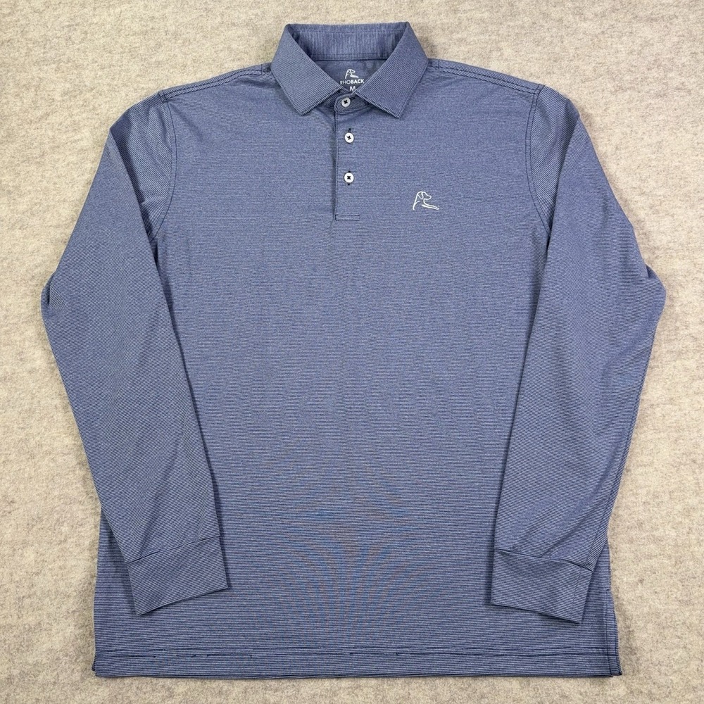 Rhoback Polo Shirt Mens Medium Long Sleeve Blue Striped Performance Stretch Golf